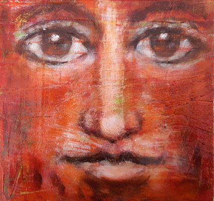 "Orange face", Mischtechnik auf Holz, 20x19xcm, 2016