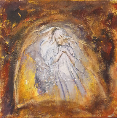 "Angel X", Collage, Acryl auf Canvas, 30x30cm, 2025
