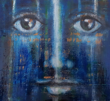 Blue face" Mischtechnik auf Holz, ca. 20x19,5cm, 2016