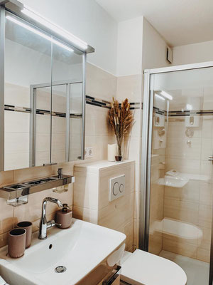 Modernes Badezimmer der Ferienwohnung „Auszeit am See“ mit Dusche, WC und eleganter Glaskabine. Die Kombination aus hellen Fliesen, funktionalen Ablagen und stilvoller Ausstattung schafft eine angenehme und gepflegte Wohlfühlatmosphäre.