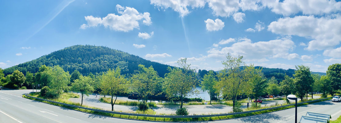 Ausblick auf den Hillebachsee in Winterberg-Niedersfeld bei strahlendem Sonnenschein. Umgeben von sanften Hügeln, Bäumen und blühender Natur – ideal für Spaziergänge, Erholung und unvergessliche Urlaubsmomente direkt vor der Ferienwohnung „Auszeit am See“