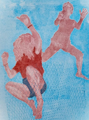 Jumpin' Jack Flash_2, Tetrapack- und Objektdruck, Monotypie 2026, Öl auf Papier, 28x38 cm