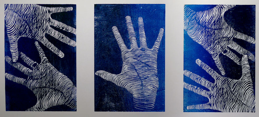 Hands III, Kombination von zwei Platten, Holzschnitte, Öl auf Papier, dreimal 20x30cm