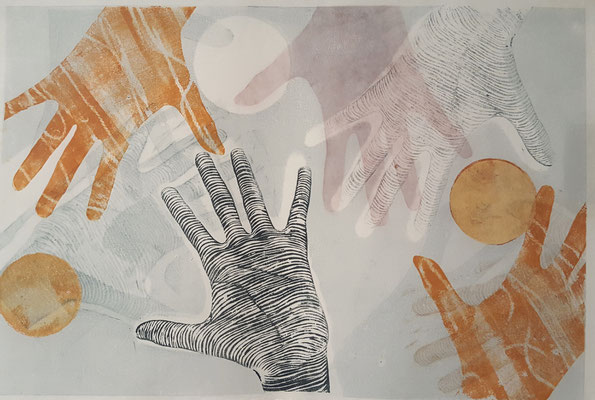 "Hands on 2, 2015, Collagendruck, Öl auf Büttenpapier, 50x70cm