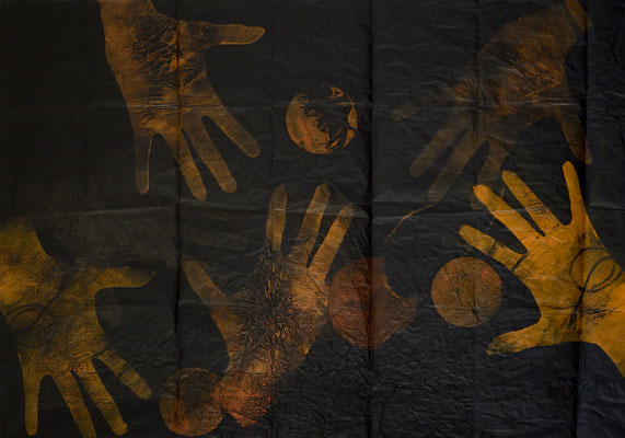 Hands on (black), 2015, Collagendruck, Öl auf Seidenpapier, 50x70cm