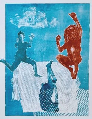 Jumpin' Jack Flash_1, Tetrapack- und Objektdruck, Monotypie 2026, Öl auf Papier, 38x54 cm