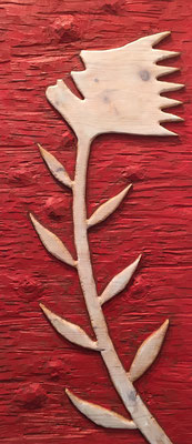REN RONG  I  Pflanzenkopf  I  Holz geschnitz farbig gefasst / rot  I  85 x 37 cm