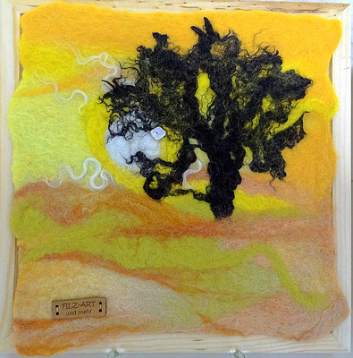 Filzbild mit appliziertem Perlmutt 20 x 20 cm "Baum vor tiefstehender Sonne"