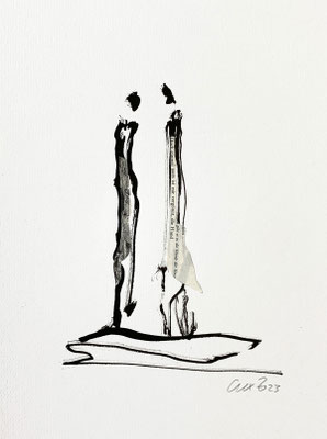 Minimalistische Collage in Schwarz-Weiß von Claudia König | Reduzierte Komposition mit Papierfragmenten auf naturweißem Grund | Privatsammlung USA