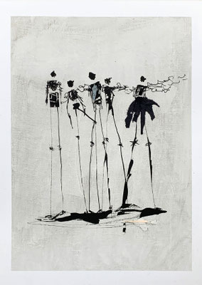 Minimalistische Zeichnung auf grauem Gesso von Claudia König | Haptische Textur mit Papierfragmenten und Graphit | Privatsammlung Portugal