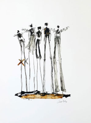 Abstrakte Papiercollage von Claudia König – Mischtechnik aus Papierfragmenten, Tusche und Klebeband.