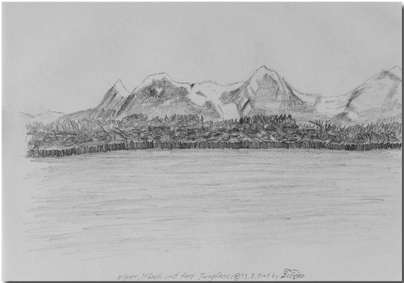  „Eiger, Mönch und fast Jungfrau“     13.8.2001  21x14.5 cm  Bleistift auf Papier  Skizze 