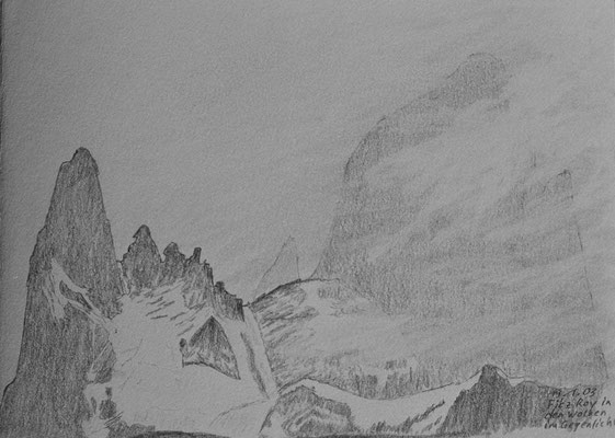 028.Skizze, Fitz Roy in den Wolken im Gegenlicht /Argentinien