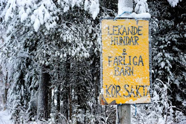 Schweden.Kauppinen: "Achtung spielende Hunde und gefährliche Kinder! Fahre langsam"