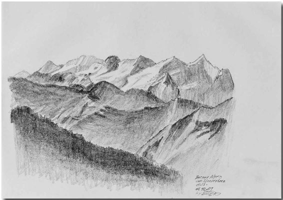  „Berner Alpen vom Stanserhorn aus“     14.10.2001  21x14.5 cm  Bleistift auf Papier  Skizze 