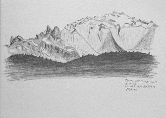 022.Skizze, Torres del Paine, Aussicht vom Refugio Dickson /Chile