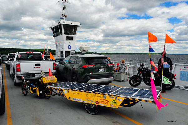 CA. Solatrike on the ferry over Two mountain lake
