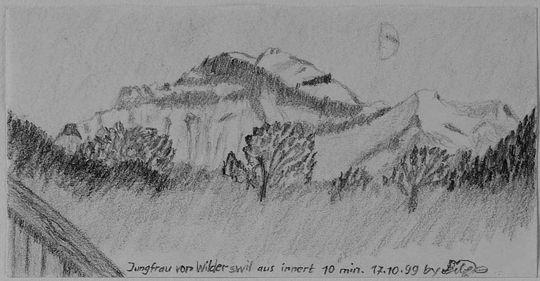 Jungfrau von Wilderswil aus innert 10 Minuten“     17.10.1999  13.5x7 cm  Bleistift auf Papier  Schnellskizze während dem Umsteigen in den nächsten Zug. 