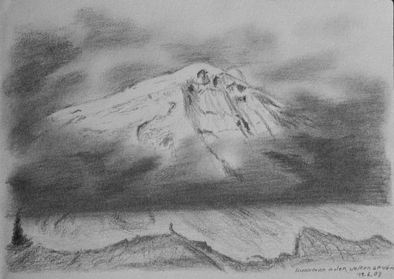 046.Skizze, Huascarán in den Wolken /Peru