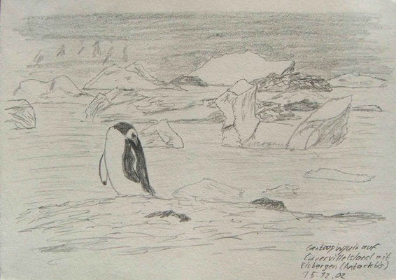 020.Skizze, Gentoopinguin auf Cuverville Island mit Eisbergen /Antarktis