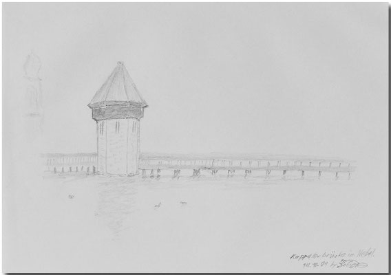  „Kappelerbrücke im Nebel“     14.10.2001  21x14.5 cm  Bleistift auf Papier  Skizze    