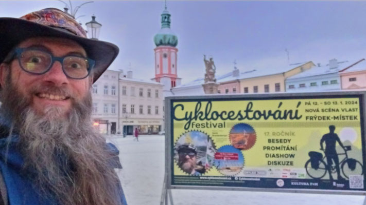 Tschechien, Frýdek-Místek, Plakat auf Marktplatz