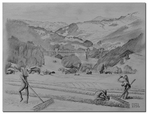 131.Skizze.Heuernte.Klosters.Schweiz