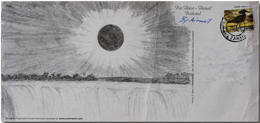  „Korona über Victoria Falls, ZA“     26.6.2001  25x12 cm  Bleistift auf Postkarte  Freie Skizze  Idee zu Bild: "Diamantring über Victoriafall" (Nr.58) 