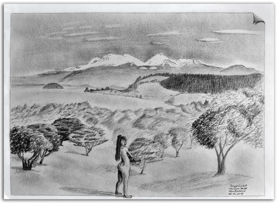 231.Skizze.Tongariro N.P.View from Taupo.New Zealand