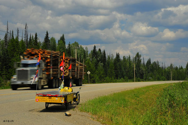 CA. Solatrike on the Highway with lumber trucks