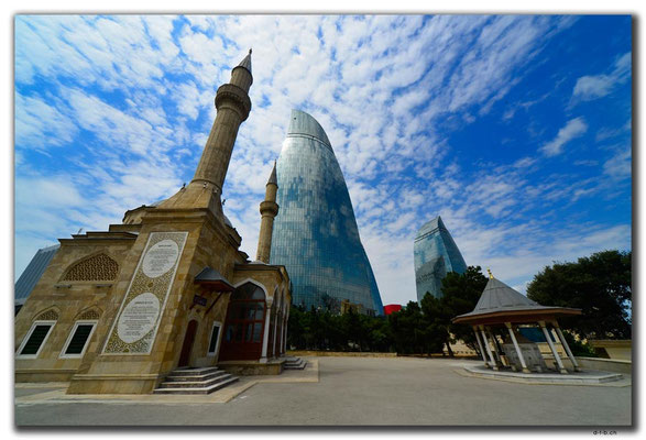 AZ079.Baku.Mosque & Flame Towers