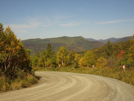 Urlaub in Quebec: Blick auf herbstlich gefärbte Wälder von einer Kurve im Parc national de la Gaspésie.