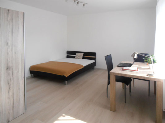 Haus 2: Die Zimmer, inkl. Küchenzeile, sind möbliert mit Bett, Tisch + 2 Sesseln und Kasten 