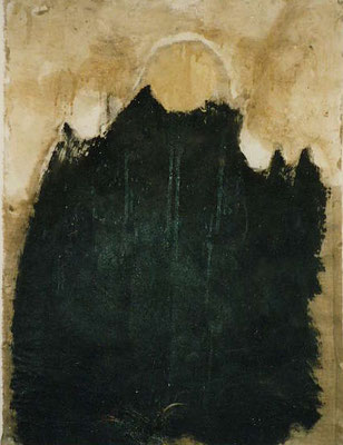 zu:Der Geist des Todes zeugt und tötet, 1991, Russ, Wandfüllung, Blut auf Buchbinderleinen, 60 x 83 cm