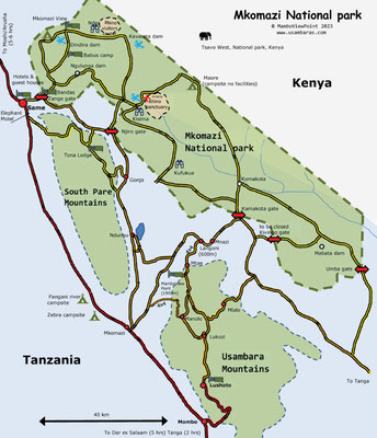 Karte vom Mkomazi-Nationalpark suedoestlich vom Kilimandscharo.