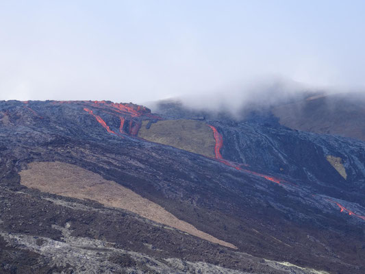 Kräftiger Lavafluss ins Meradalir. Die kleine Vegetationsinsel wurde kurze Zeit später von einer Lavawelle überflutet (folgendes Bild).