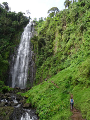 Der Mnambe Wasserfall mit ca. 50 m Fallhoehe oberhalb der Schule bei der Ortschaft Materuni.