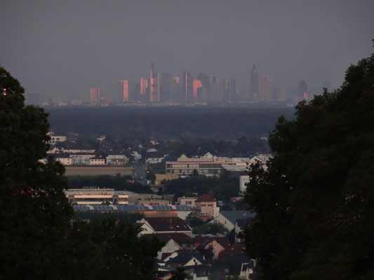 Erste Sonnenstrahlen fallen auf Frankfurt.