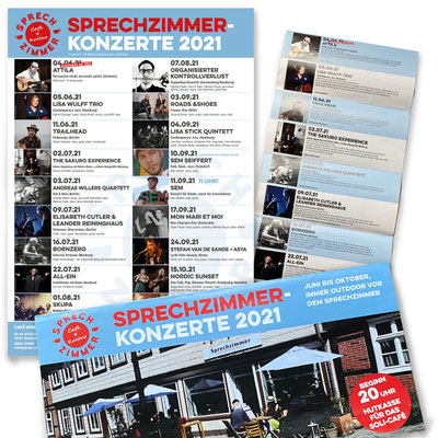 Sprechzimmer: Gestaltung des Jahresprogramms 2021, Plakat und -Flyer (12 Seiten) unter Berücksichtigung vorgegebener Logos und Fotos aller Künstler. Fotos © Sprechzimmer + diverse