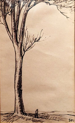 Steinlen (1859-1923) : Arbre et personnage, encre sur papier, Genève, Association des Amis du Petit Palais