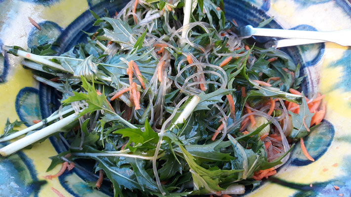 Mizuna mit Glasnudeln & feinen Karotten & Kohlrabi