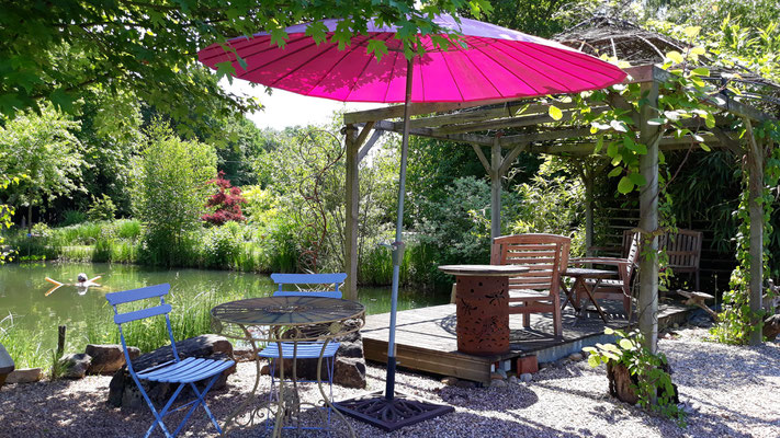 Das Sonnendeck mit freiem Blick über den Teich