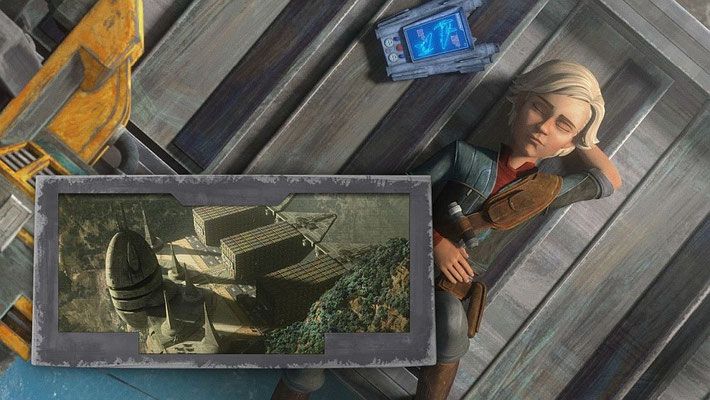 Auf Omegas Datapad ist ein V-Wing abgebildet, der auch später auf Serenno zu sehen ist