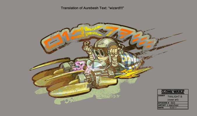 Es ist eine comicartige Darstellung von Anakin als junger Podracer Pilot, mit dem Aurebesh Text "WIZARD!" zu sehen.
