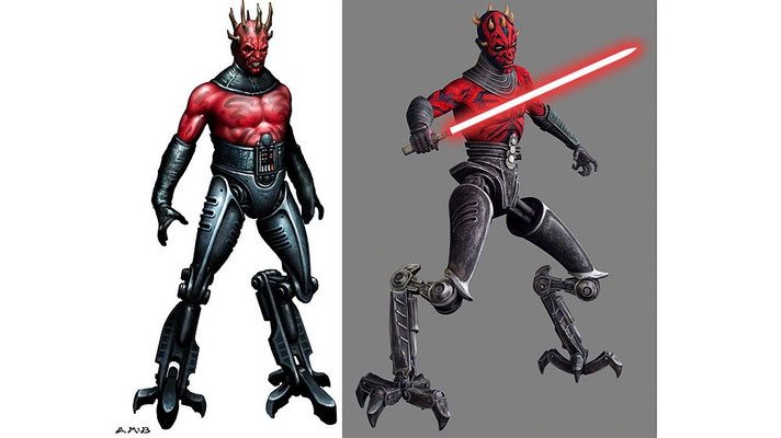 Mauls Cyborg-Form wurde 2005 erstmals als Illustration von ILM-Konzept-Künstler Aaron McBride (links), für die Graphik-Novele Star Wars: Visionaries entwickelt.