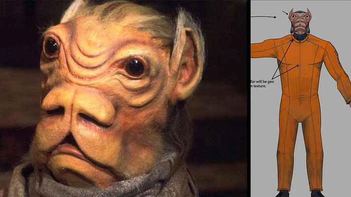 Unter den Gefängnisinsassen befinden sich lutrillianische Aliens. Dieses Art Design wurde zunächst als Cantina Charakter für Star Wars - Episode IV Eine neue Hoffnung erstellt.