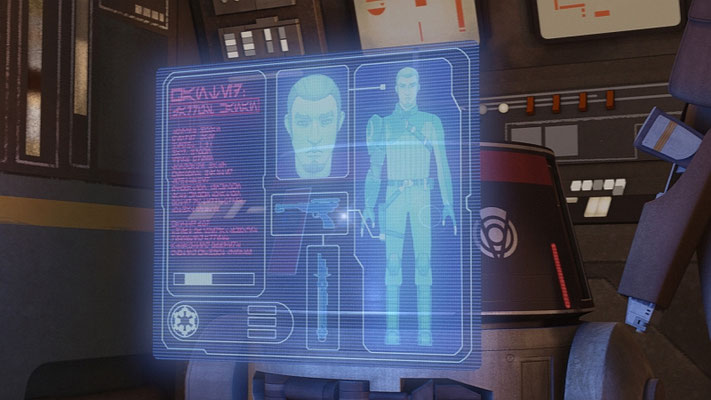 Kanans holografische Akte enthält seine Verbrechen gegen das Imperium. Darunter befinden sich Diebstähle, Widerstand bei einer Verhaftung, Angriff auf Offiziere und das Fliegen ohne Lizenz