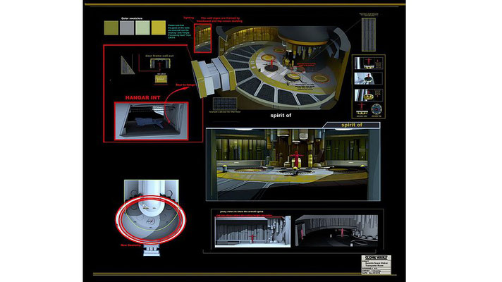 Der Turbolift-Transportbereich, über den die Kopfgeldjäger auf die Oberfläche von Quarzit gelangen, ist eine Überarbeitung der Carbon-Gefrierkammer aus dem Jedi-Tempel in "Die Zitadelle", aus der dritten Staffel. Illustration von Tara Rueping.