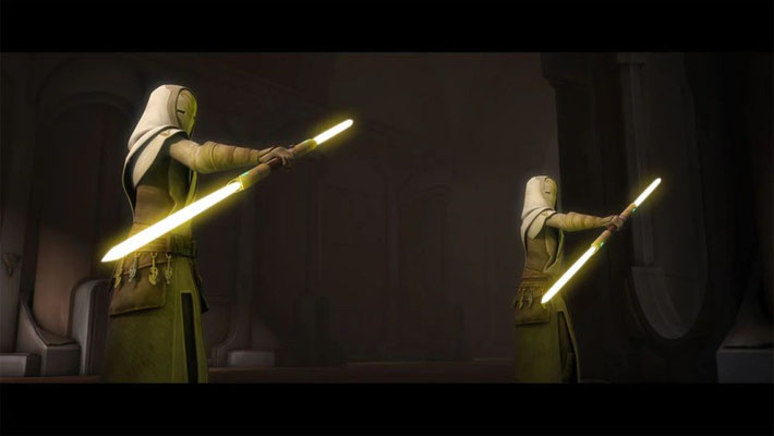 Zum ersten Mal sehen wir die Jedi Temple Guards in Aktion. Sie tragen große zweischneidige Lichtschwerter - Lichtschwert-Lanzen - die die ersten Lichtschwerter mit gelben Klinge emittieren. In der Planungsphase waren sie ursprünglich grün.