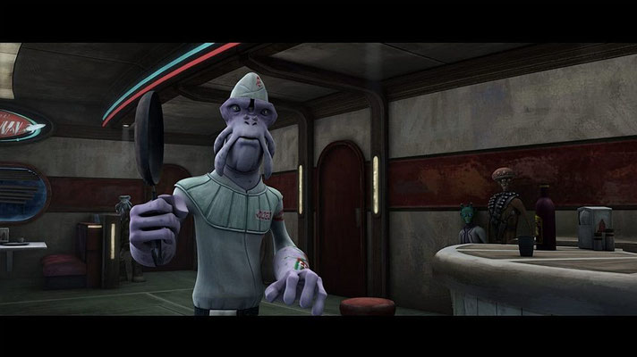 Im Skript hält der Koch Loubo einen Blaster, woraufhin der Polizei-Weltraumhafen-Droide sagt: "Lou! Bist du verrückt, as ist ein Jedi-Ritter?" Die Ändern in einer Pfanne dreht diesen Moment in einen Witz.